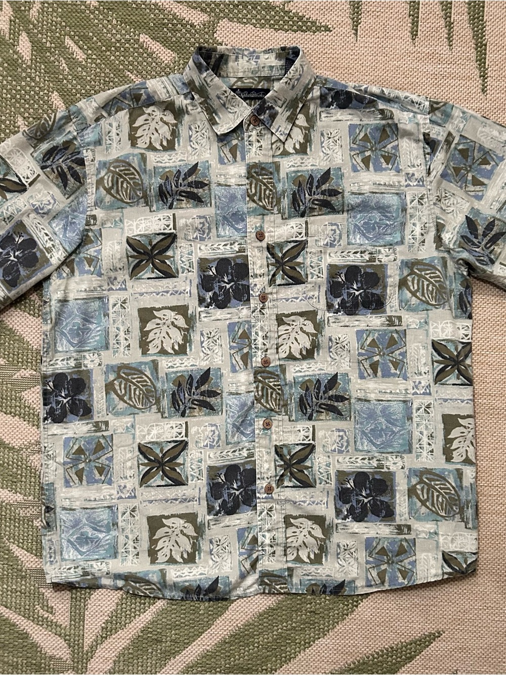 VINTAGE Duke Kahanamoku Aloha Shirt with Blue, Khaki and Taupe Island Design.